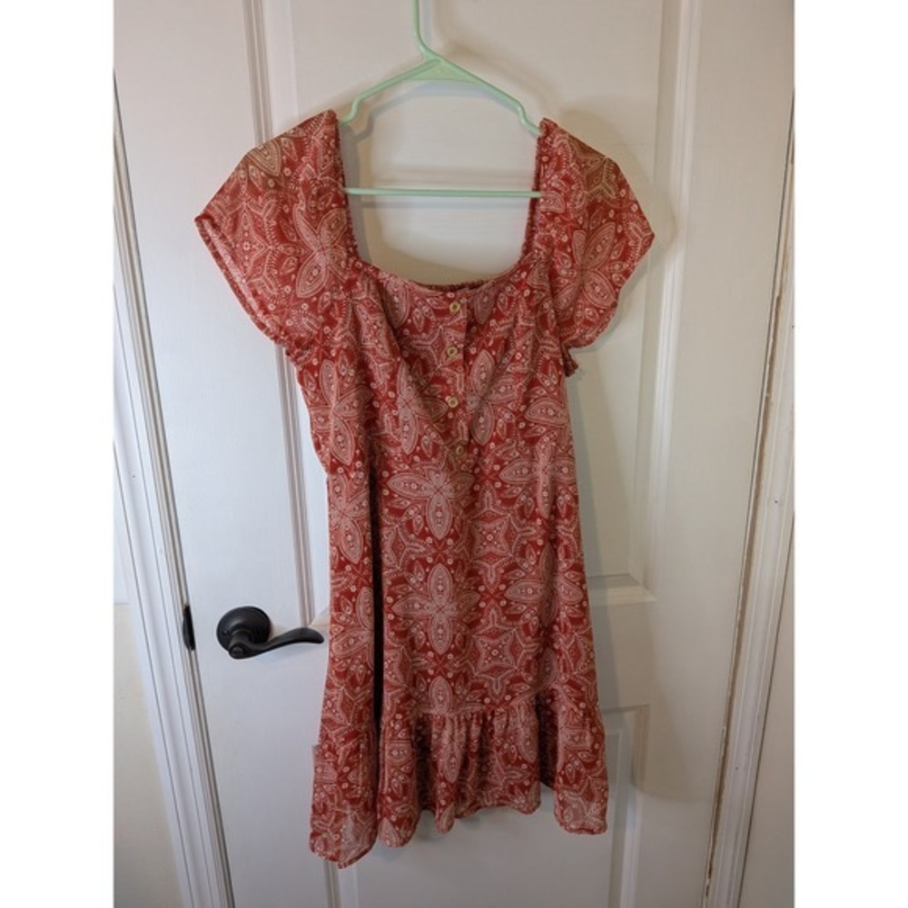 Love‎ To Be Spoiled Rust Paisley Boho Mini Dress Square Neck Smocked Back Large
